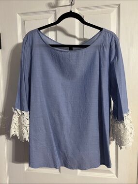 Ann Taylor Light Blue Blouse with White Lace Sleeve Detail